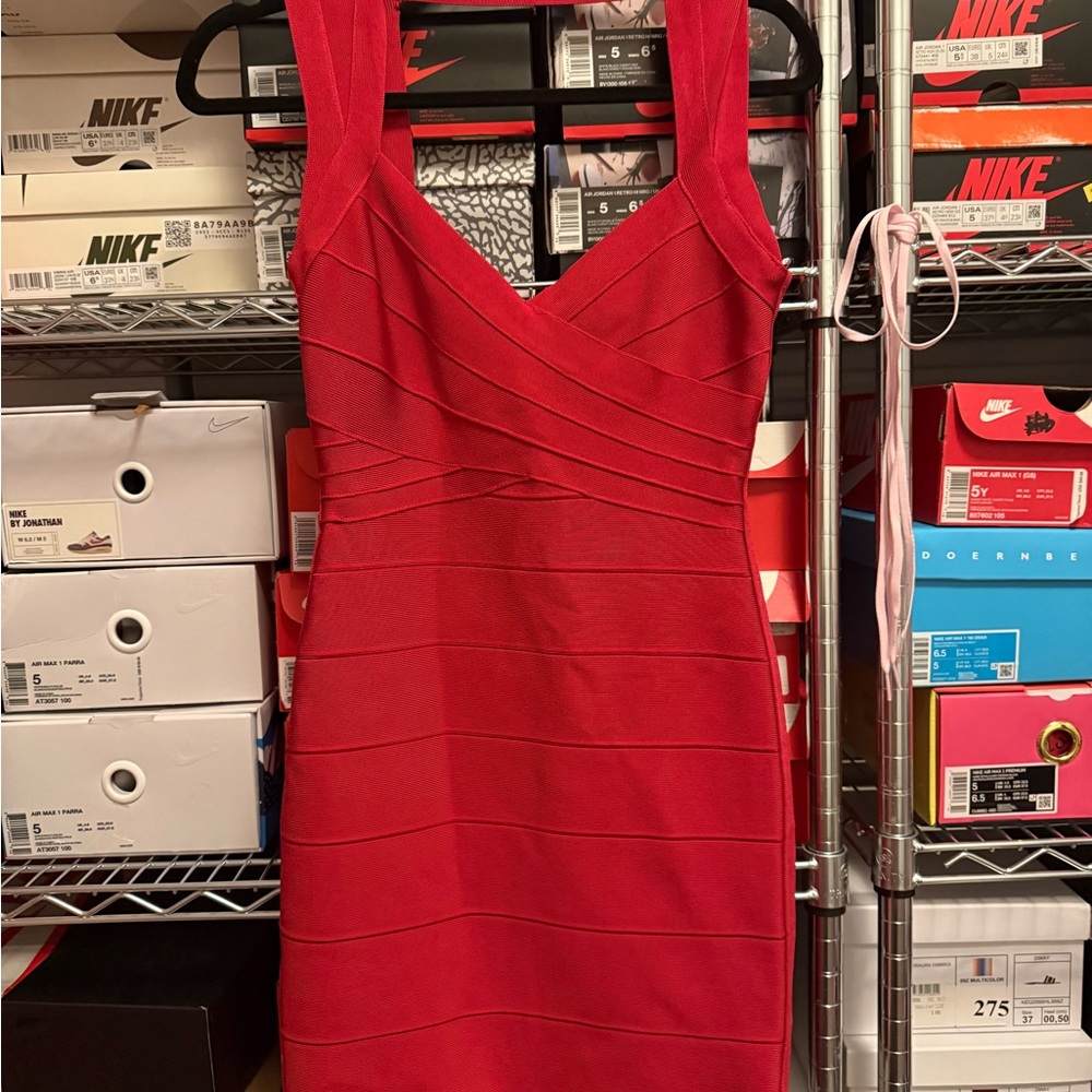 Herve Leger Red Ribbed Bodycon Mini Dress